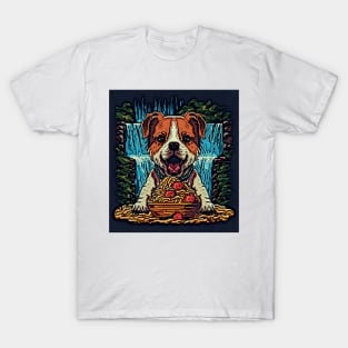 pixel art dog eating spaghetti by waterfall T-Shirt